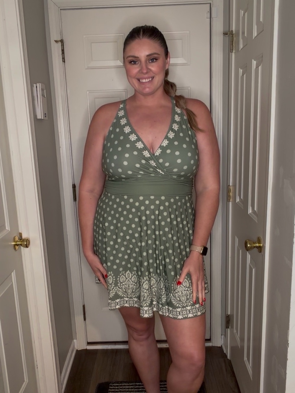 BloomChic Olive Green Polka Dot One-Piece Swim Dress